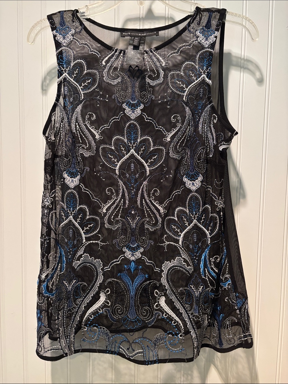 White House Black Market Sheer Embroidered Tank Top with Blue/Silver Design MP